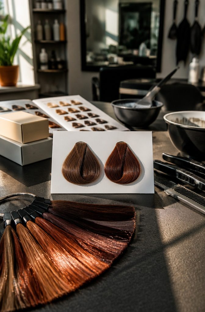 Glossy neutral light brown and chocolate-red hair swatches beside shade charts and dye boxes