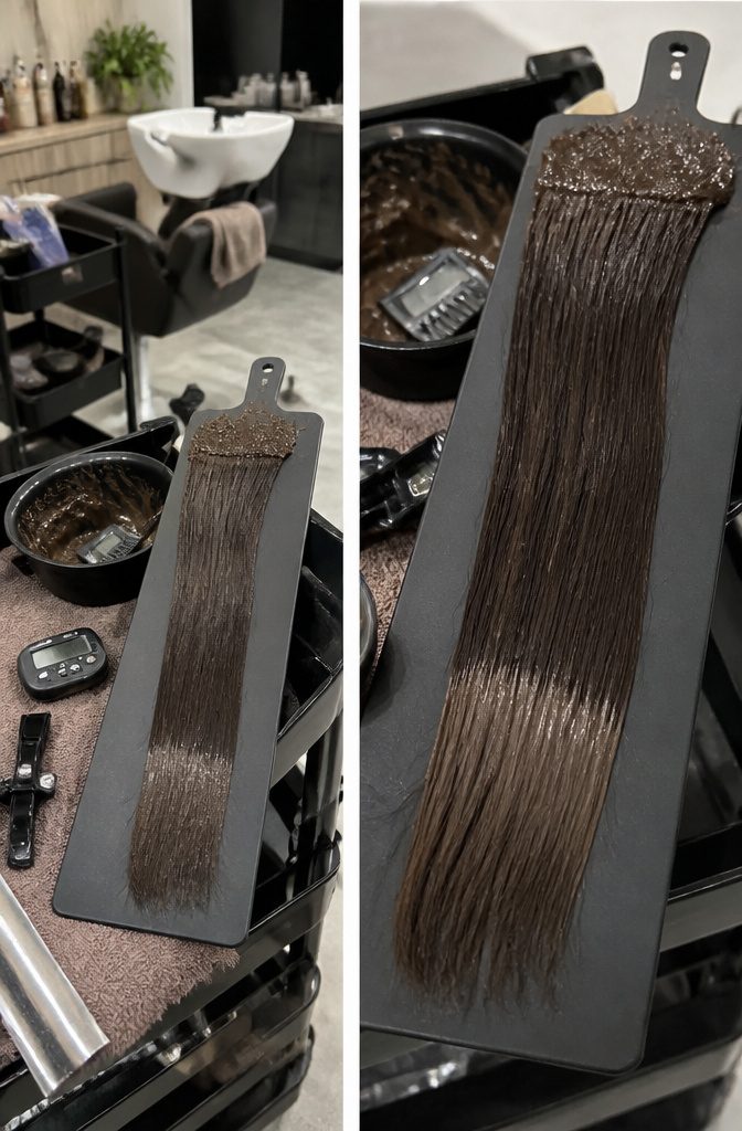 Level 5 brown hair color swatches arranged to compare roots and hair lengths