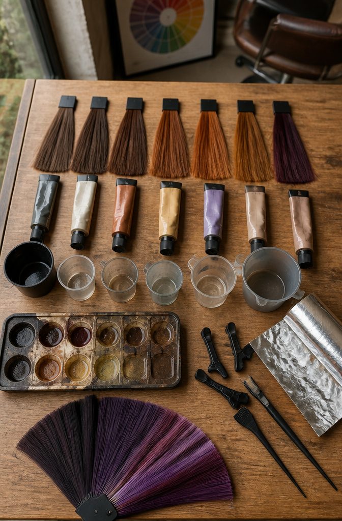 Hair dye packages and shade cards showing level 5 brown codes and labels