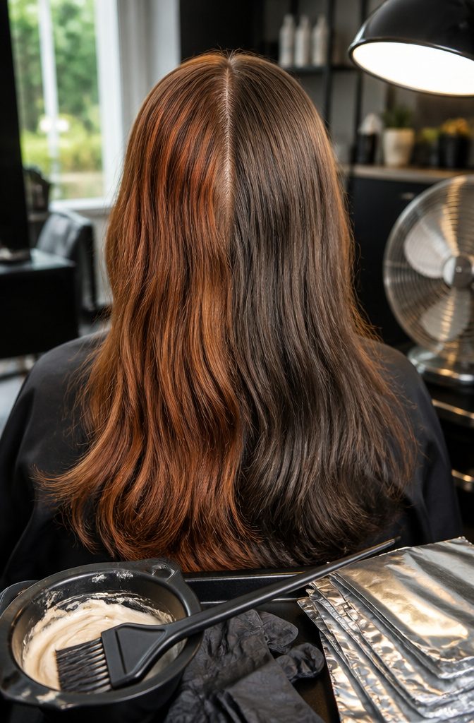 Level 5 brown hair color swatch with warm orange-red tones and shade references
