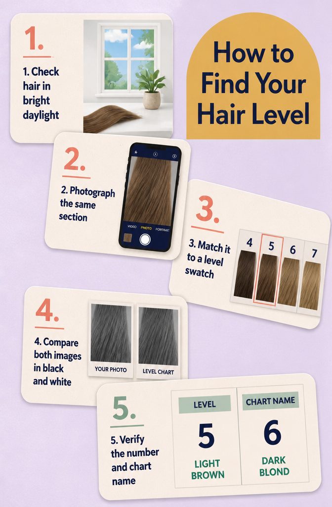 Hair level swatches beside a hair section for checking color depth in daylight