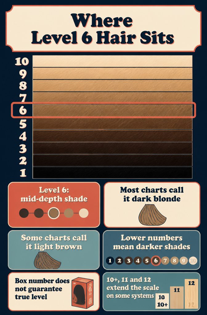 Hair color chart showing level 6 among darker brown and lighter blonde swatches
