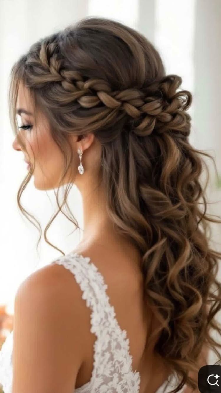 Bridal braided half-up hairstyle with long brown curls left loose