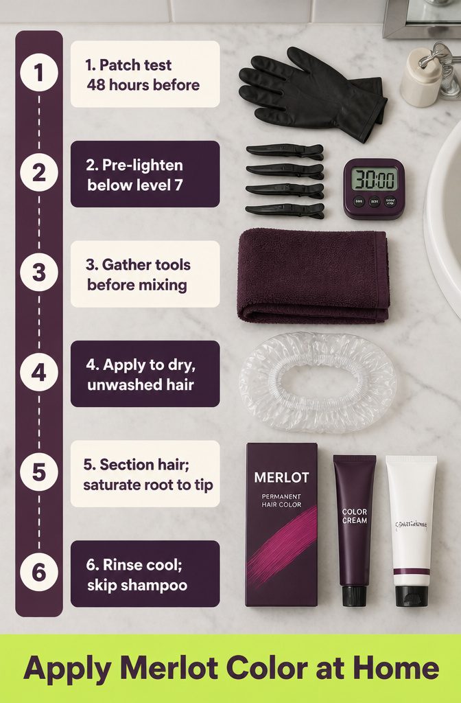 Beauty graphic showing steps and supplies for applying merlot hair color
