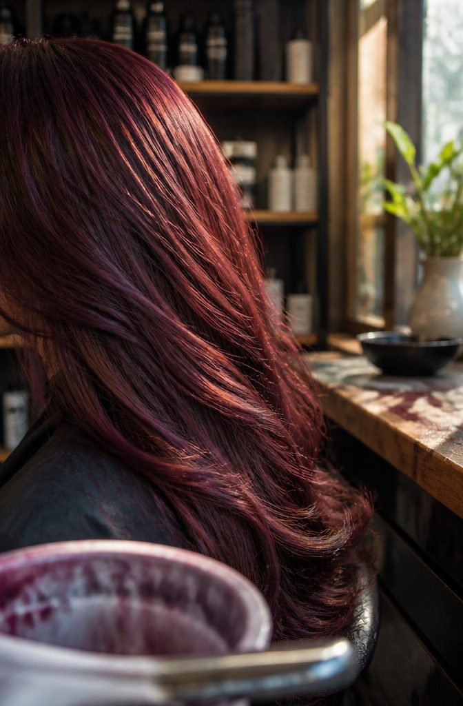 Merlot hair color with deep red and purple tones