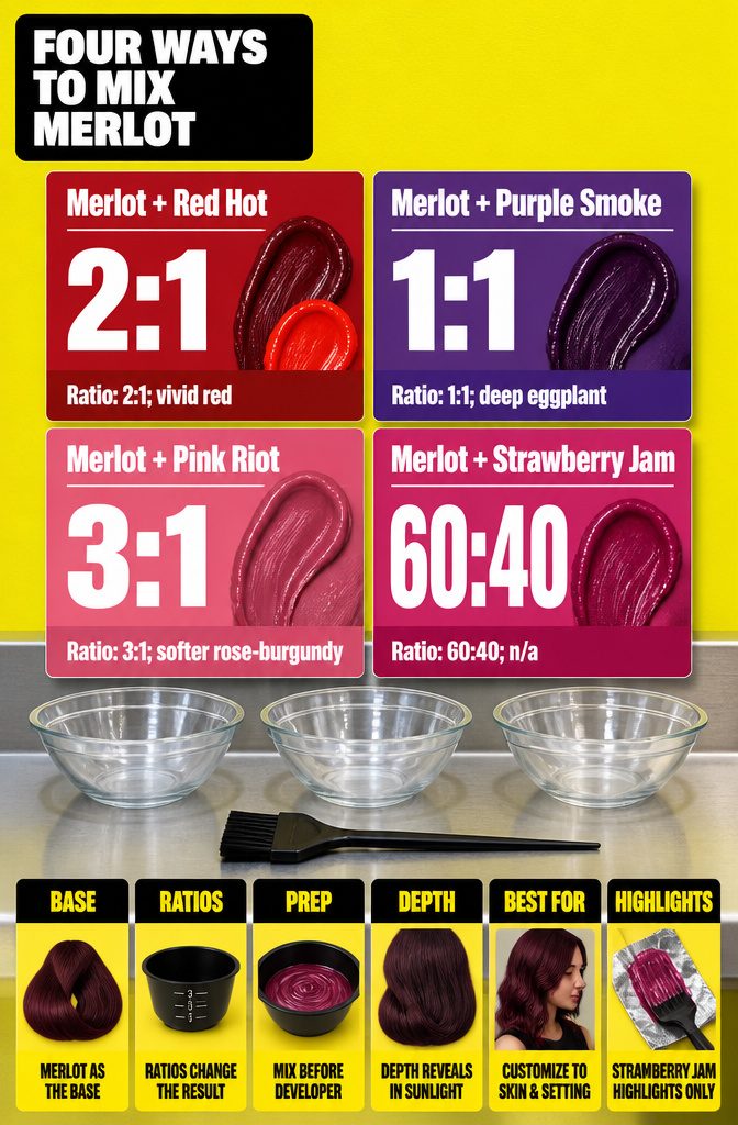 Beauty graphic listing four merlot hair color mixes and their results