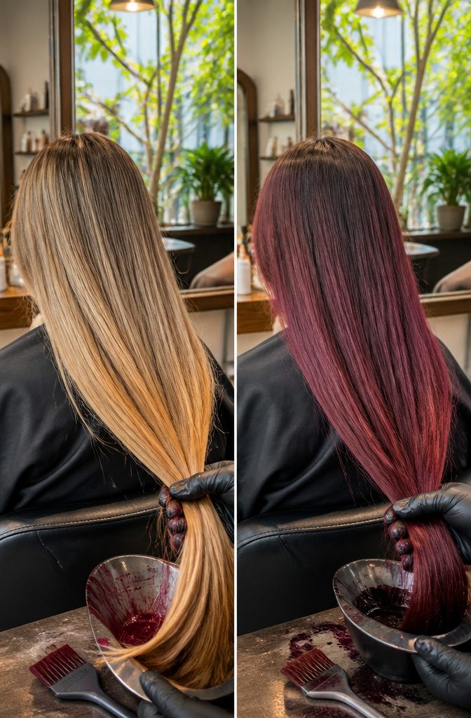 Merlot hair color results compared across dark and pre-lightened hair