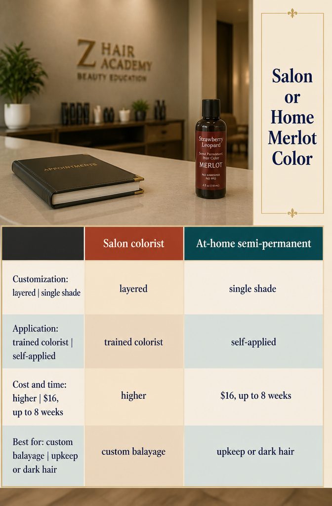 Beauty graphic comparing salon merlot color with Strawberry Leopard home color