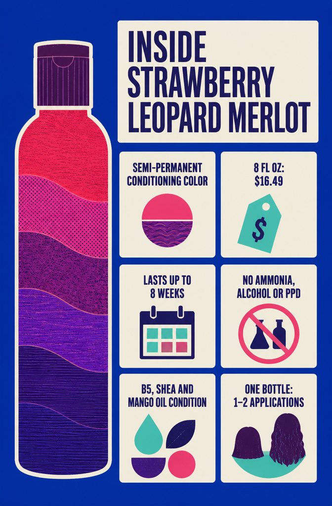 Beauty graphic listing Strawberry Leopard Merlot colorants and conditioning ingredients