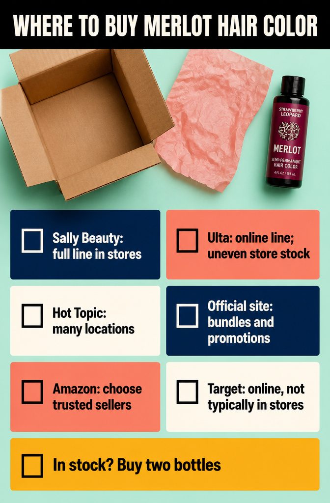 Beauty graphic naming retailers that carry Strawberry Leopard Merlot hair color