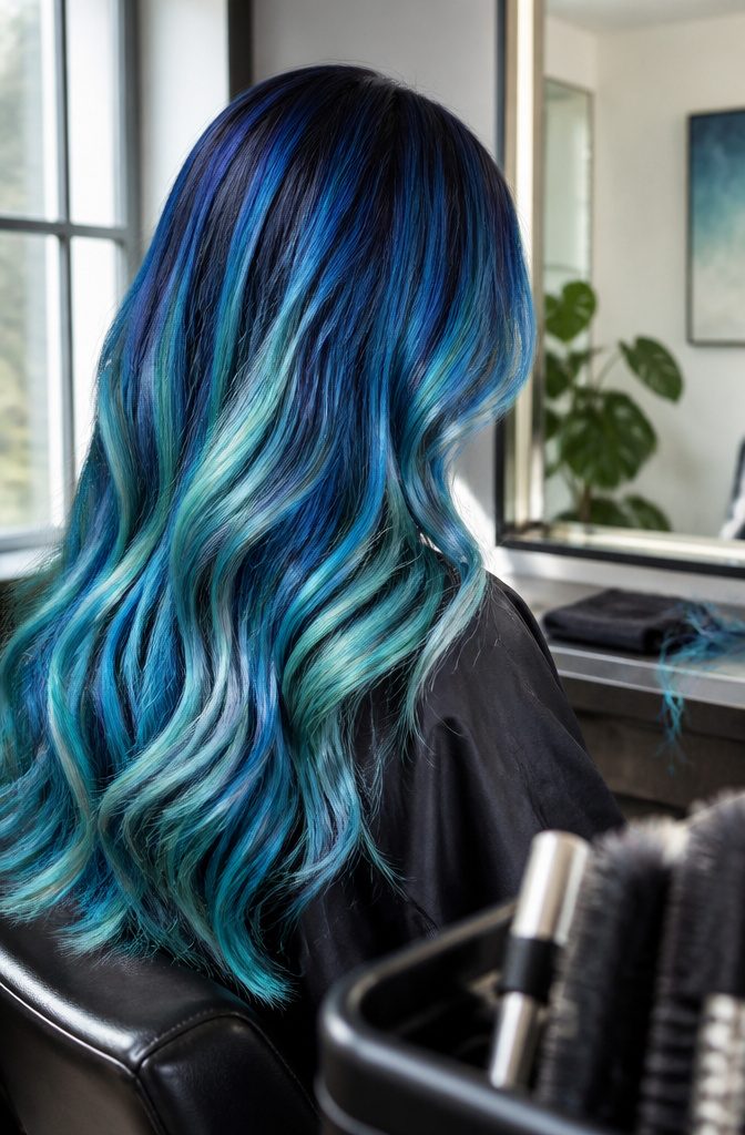 Long hair with blended blue teal and aqua shades