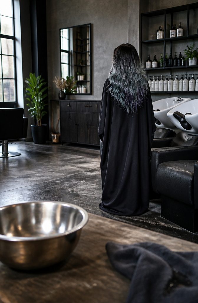 Hair with silver highlights between darker purple and blue sections