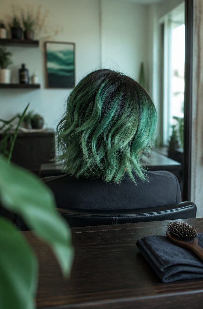 Short layered cut with deep green roots and lighter green tips
