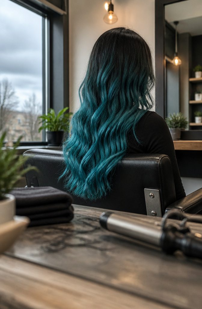Wavy hair fading from dark roots to bright teal ends