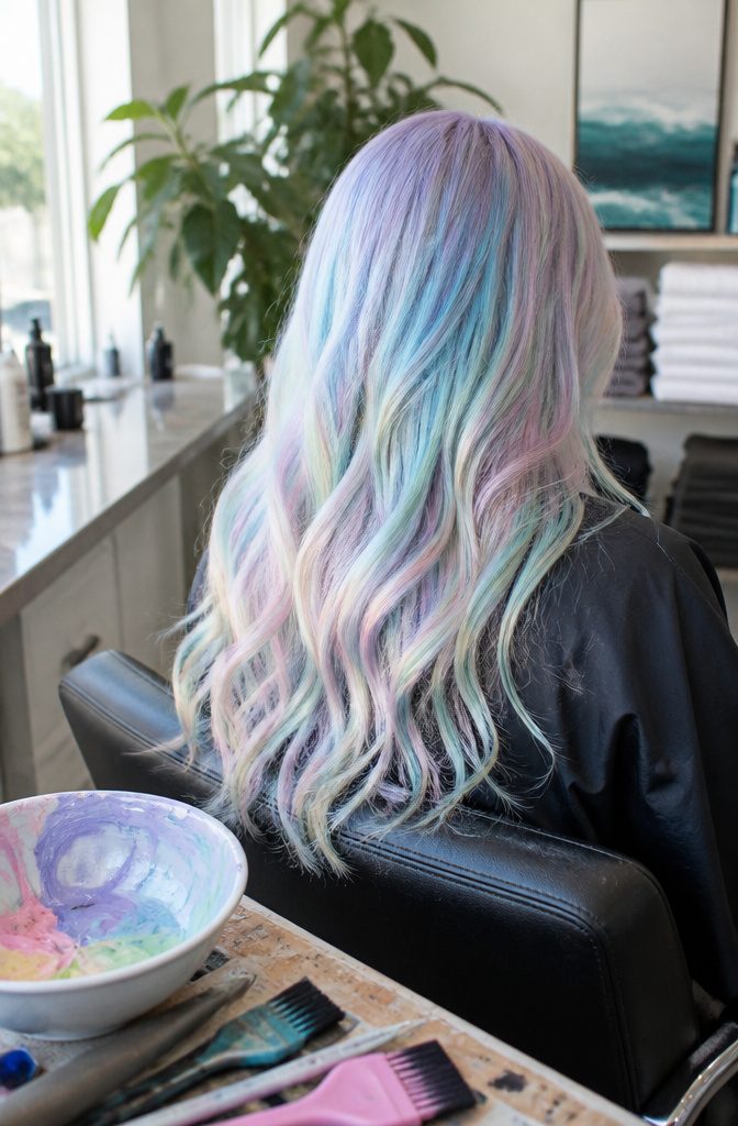 Pale blonde hair with pastel blue lavender green and violet ribbons