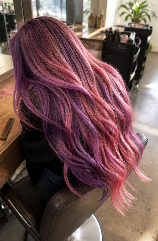 Long beach waves with blended mauve rose violet and pink strands