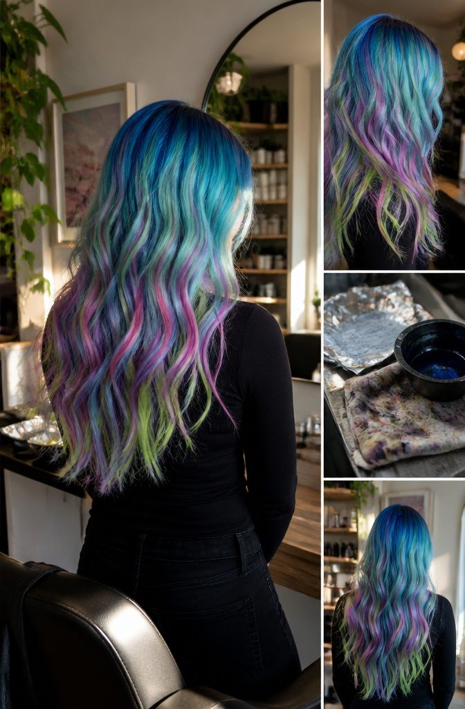 Layered hair with blue mint pink purple and green color sections
