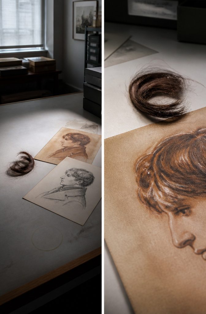 Napoleon hair photograph accompanying text about conflicting descriptions and historic hair locks