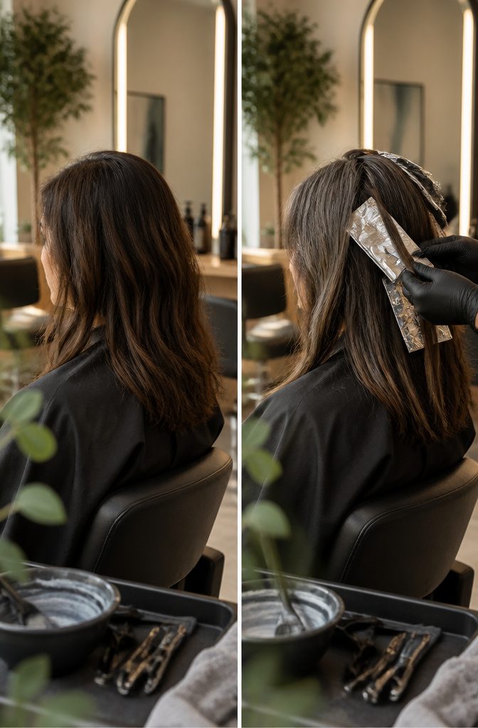 Gray roots meeting dyed lengths with highlights and lowlights