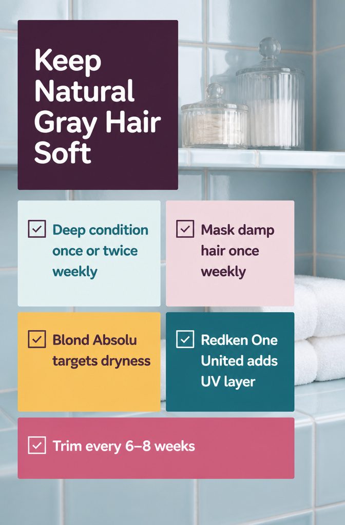 Gray hair with hair care products arranged nearby