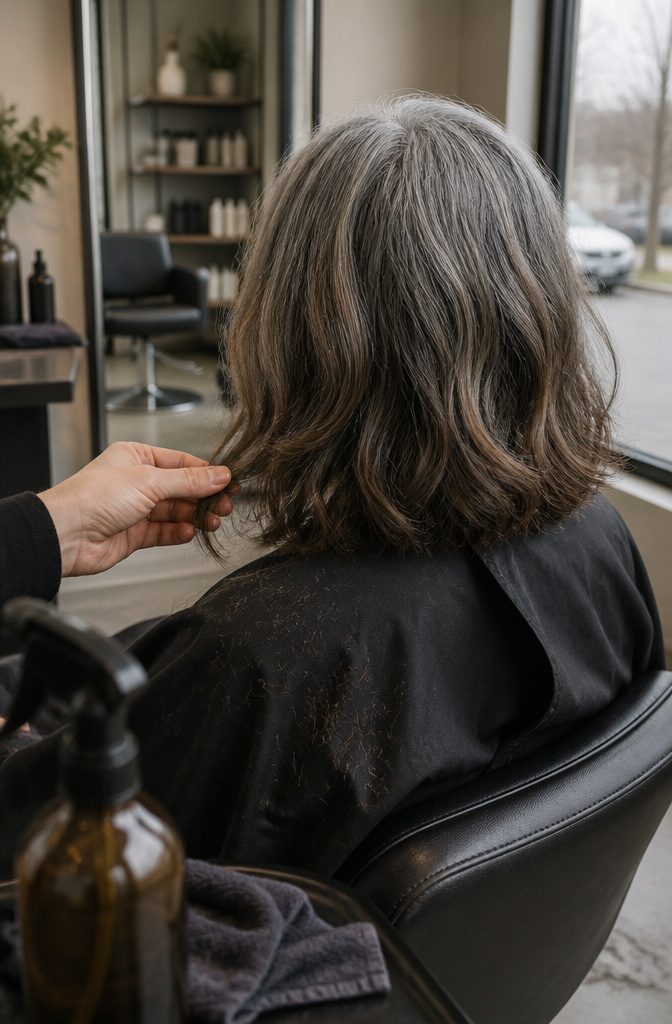 Woman with a structured bob haircut during a gray hair transition