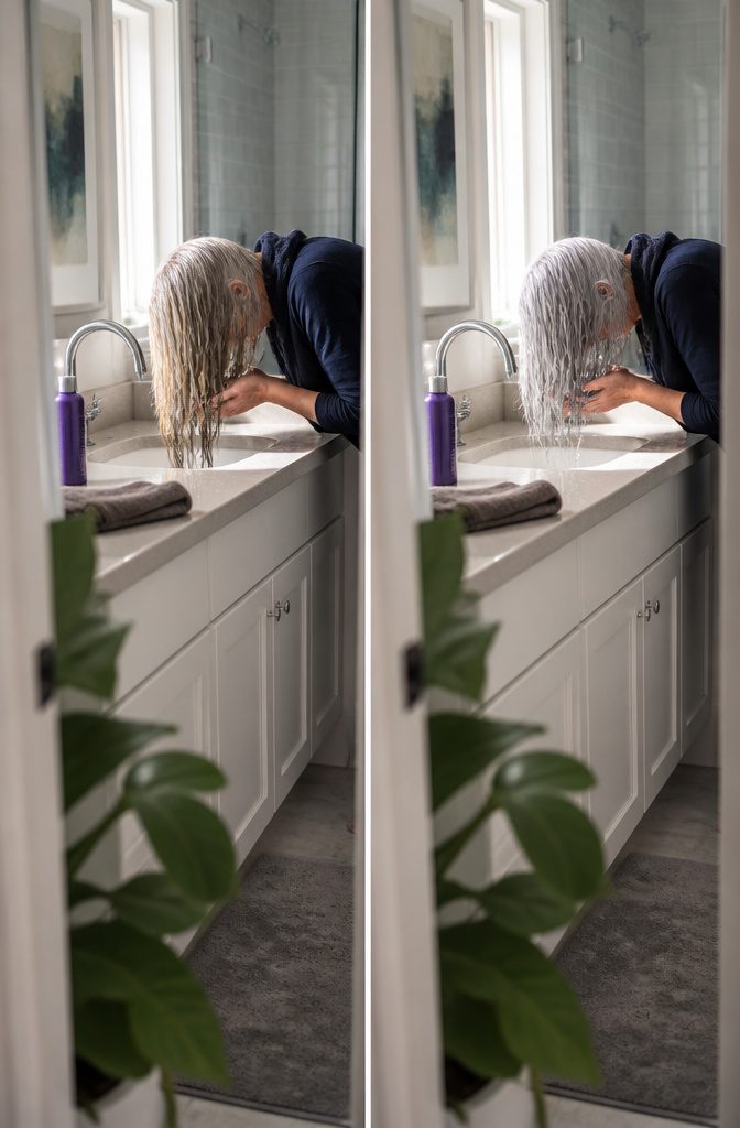 Natural gray hair beside purple shampoo and silver gloss products