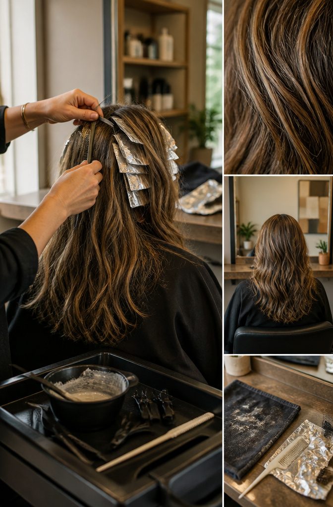 Brunette hair with gray strands and blended highlights and lowlights