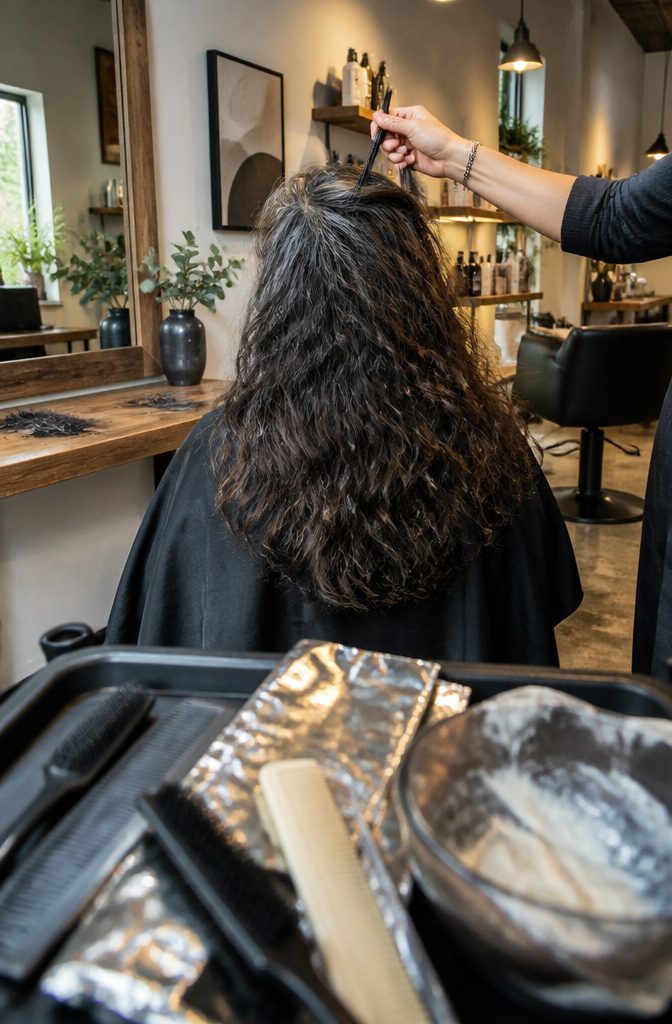 Woman with dark hair and silver strands at the hairline in a salon