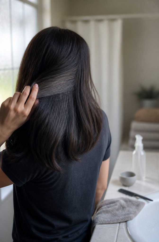 Silver temporary color spray applied to dark hair