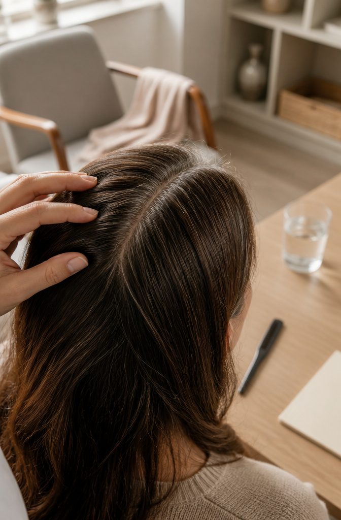 Woman's natural part with silver hairs growing beside dark brown strands