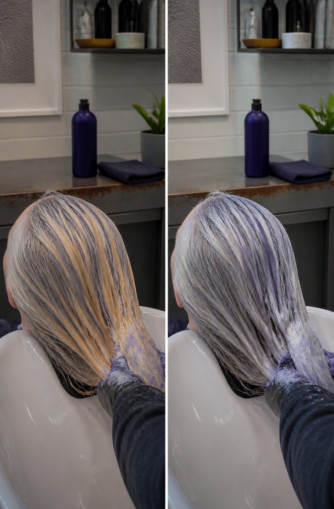 Natural silver hair with a visible yellow cast through the strands
