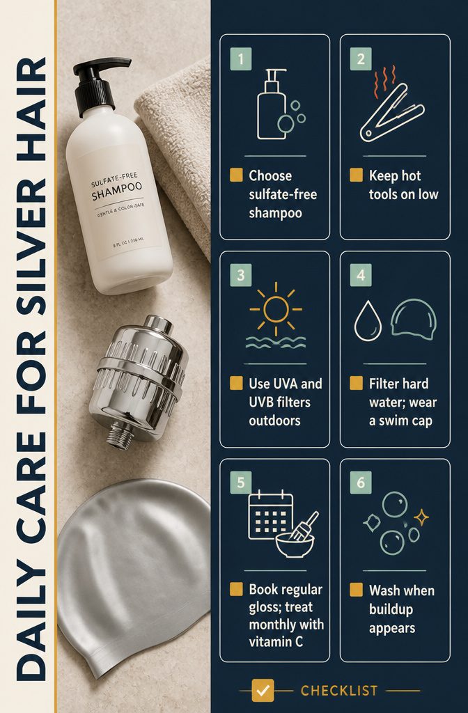 Beauty infographic titled Daily Care for Silver Hair with routine tips