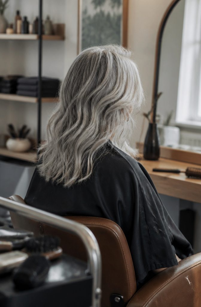Woman seated in a salon chair with blended dark ash and white hair