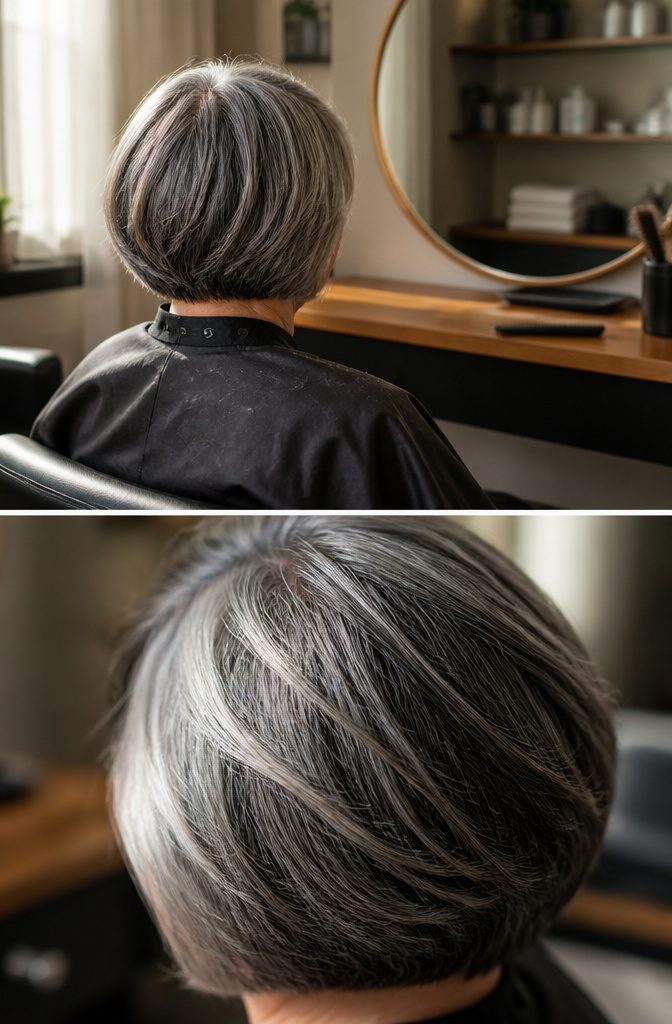 Natural silver hair showing uneven patches among darker strands
