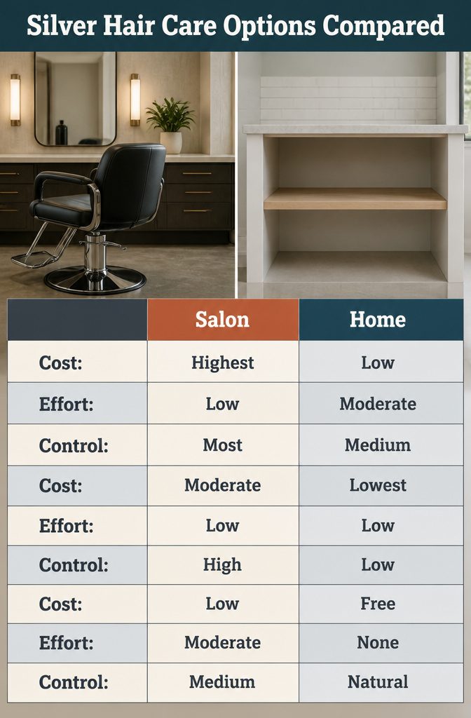 Beauty infographic titled Silver Hair Care Options Compared with salon and home choices
