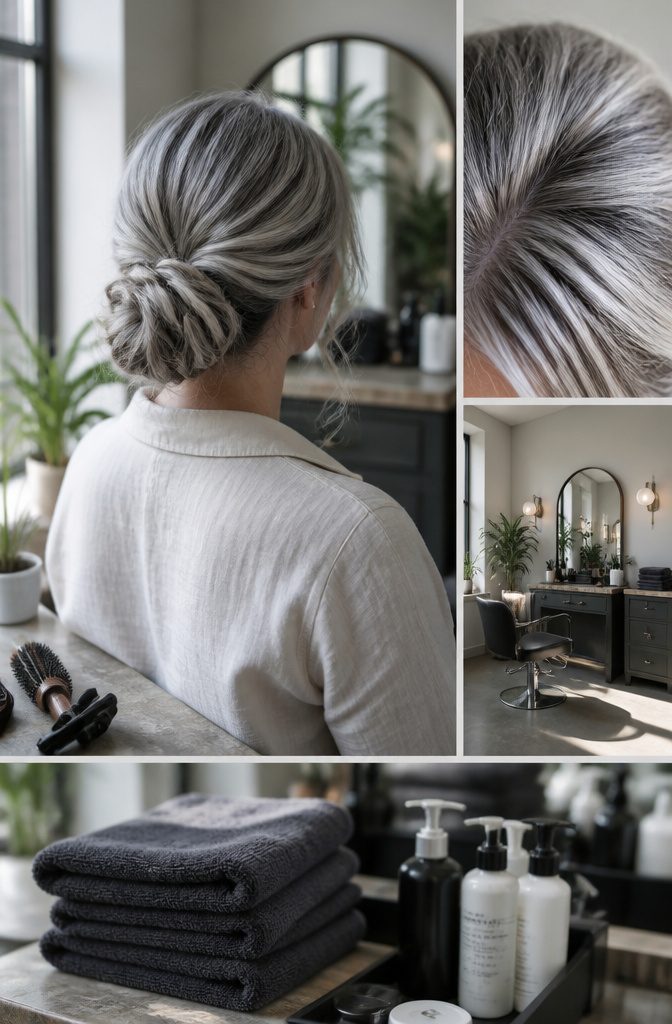 Woman with naturally silver hair styled to show its shape and color