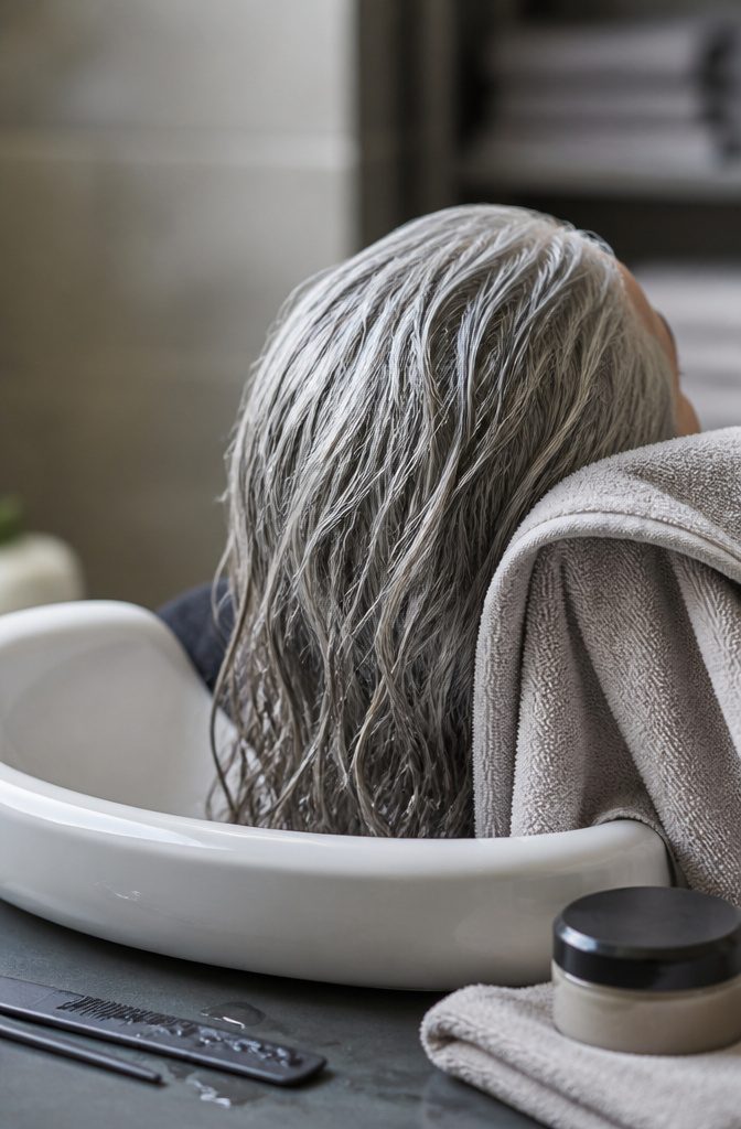 Woman with natural silver hair showing its texture and length