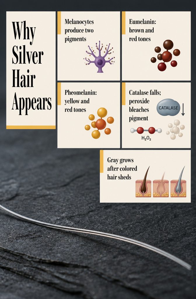 Beauty infographic titled Why Silver Hair Appears with text about hair pigmentation
