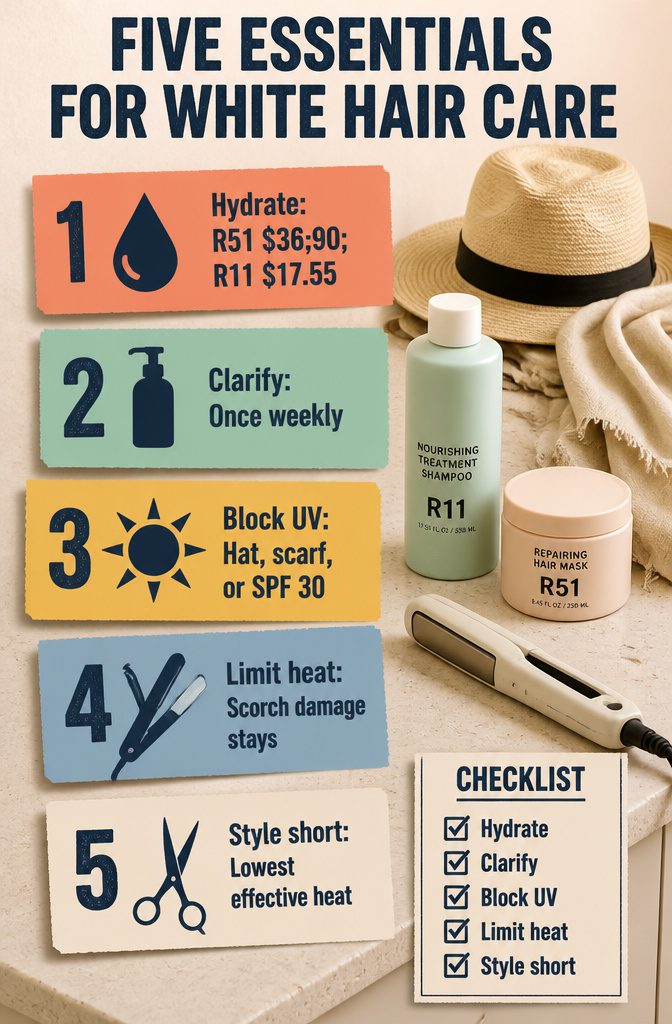 Care graphic with hair products and icons for moisture sun and heat protection