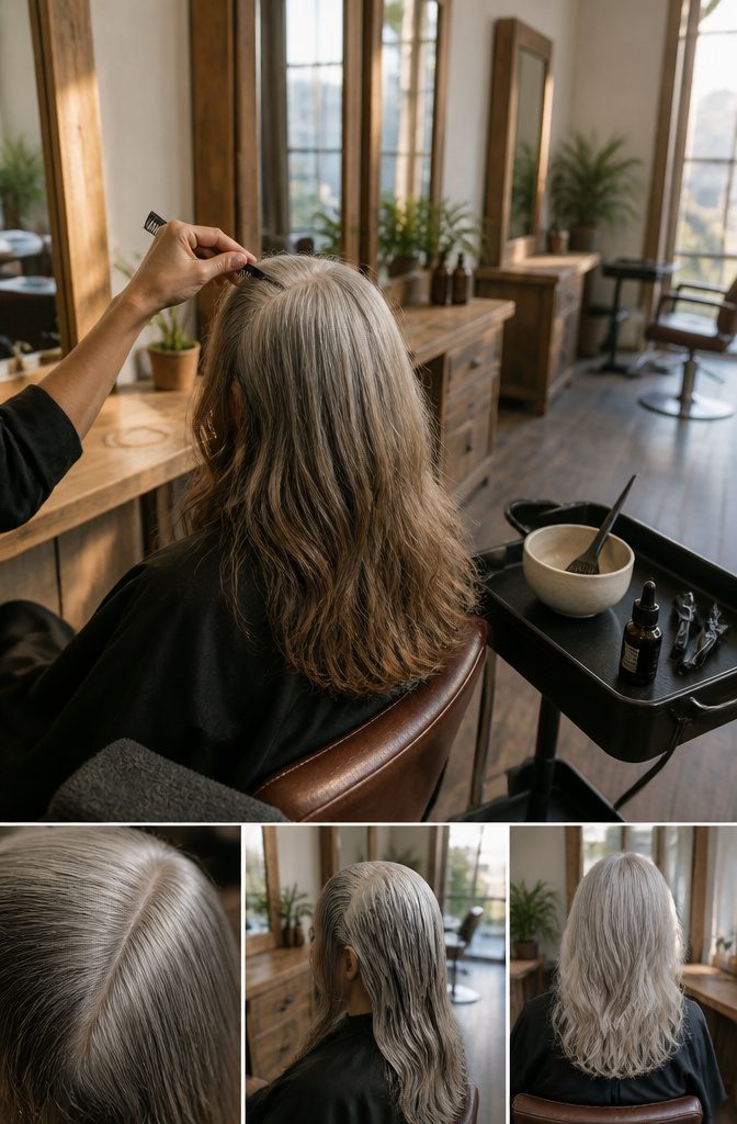Adult hair with white roots growing through previously colored lengths