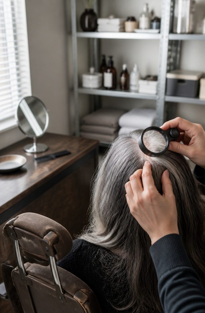 White hair strands emerging from visible follicles along a parted scalp