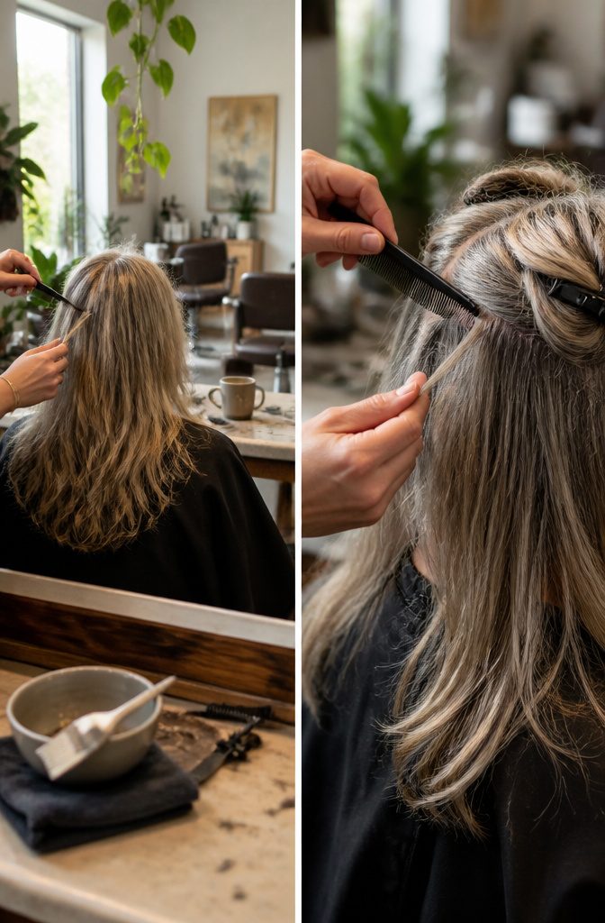 Hair with blended highlights transitioning from dark lengths to white roots
