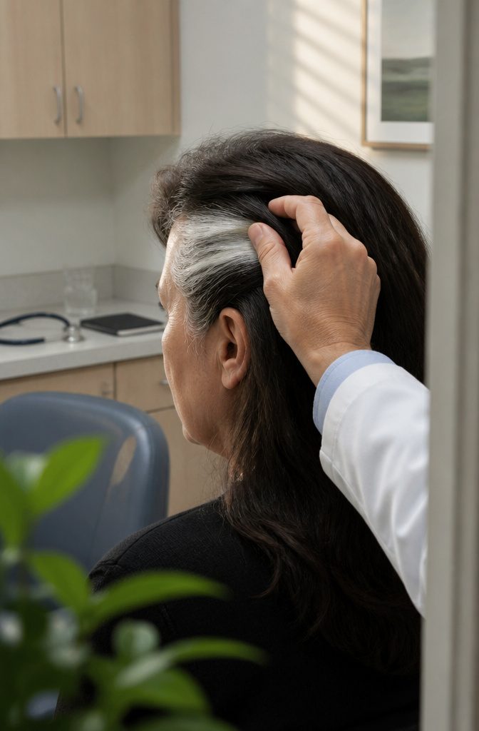 Adult scalp and white hair viewed closely with scattered pale strands