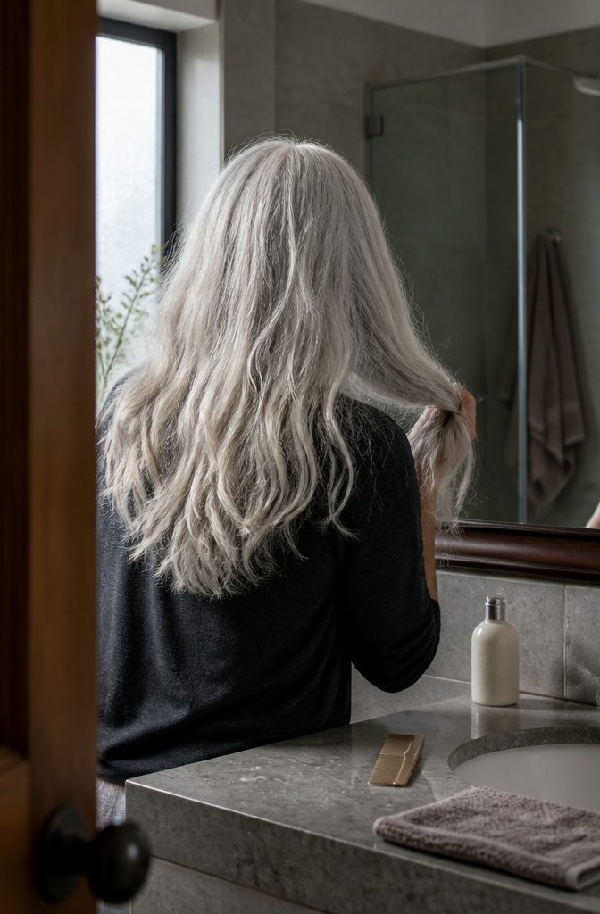 Adult viewed from behind gathering wavy white hair beside a bathroom mirror