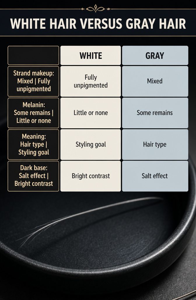 Comparison graphic showing white gray and silver hair with labeled examples