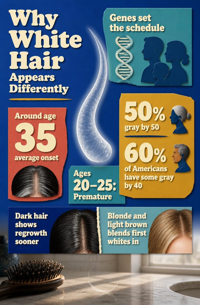 Hair color examples showing white strands against dark and light backgrounds