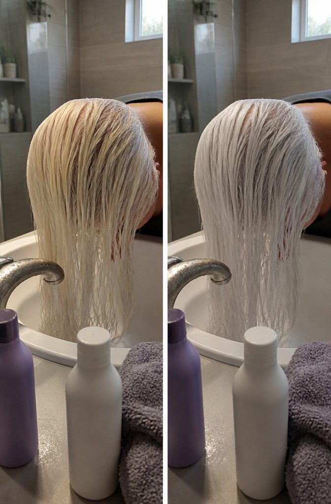 White hair with yellow tint and visible product buildup near the roots