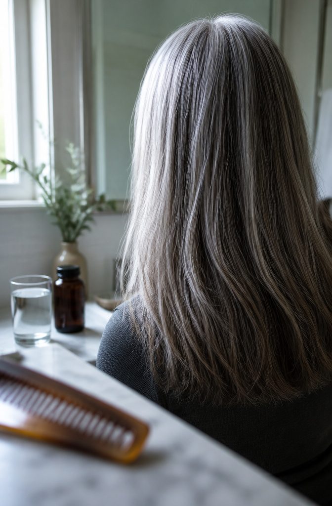 Woman with silver roots and darker lengths showing natural gray hair