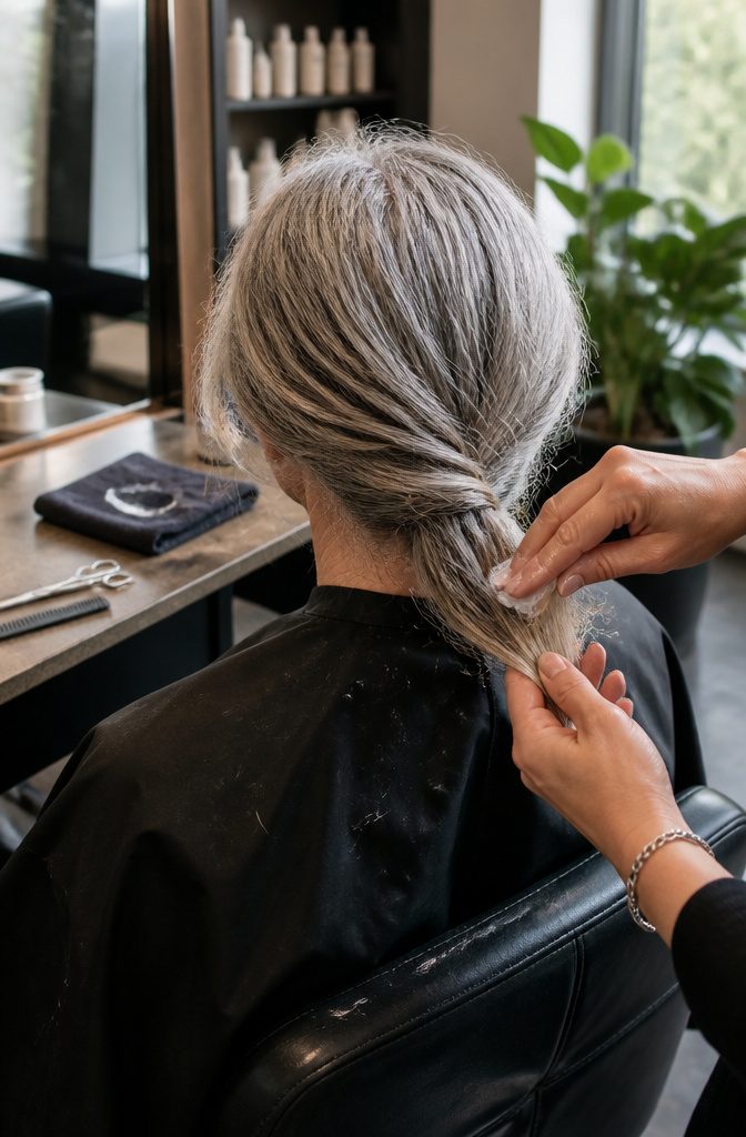 Stylist applying clear serum to silver hair ends at woman’s nape