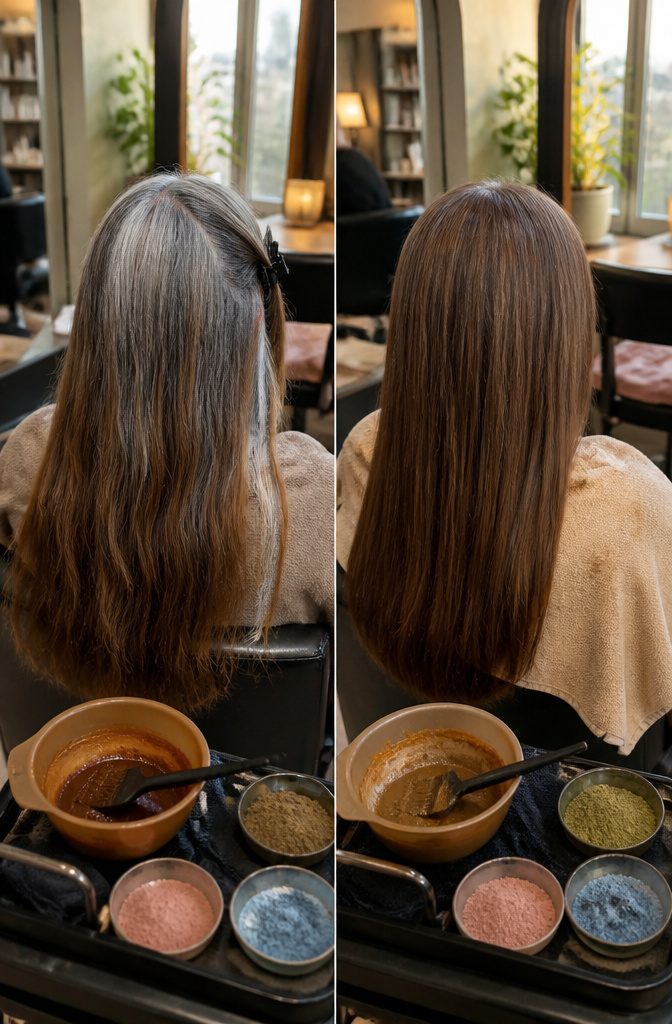 Woman with gray roots and colored hair lengths considering color choices